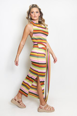 Stripe Print Cowl Neck Top And Maxi Skirt Set