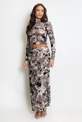 Floral Print Mesh Maxi Skirt