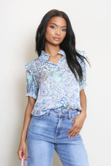 Mixed Print Collarless Blouse