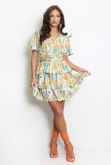 Printed V Neck Frilled Mini Dress