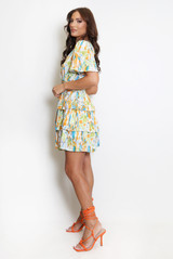 Printed V Neck Frilled Mini Dress