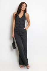 Striped Print Waist Coat And Wide Leg Trouser Set