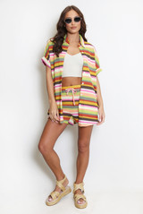 Striped Woven Short Sleeve Blouse And Shorts Set