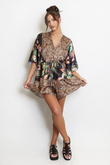 Animal Print V Neck Kaftan Playsuit