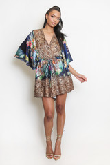 Animal Print V Neck Kaftan Playsuit