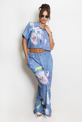 Printed Denim Blouse And Wide Leg Jeans Set