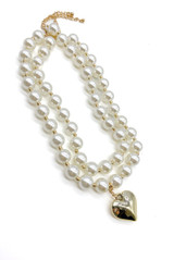 Double Pearl Necklace With Heart Pendant 