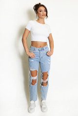 Mid Blue Ripped Mom Fit Denim Jeans