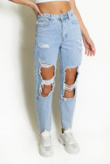 Mid Blue Ripped Mom Fit Denim Jeans
