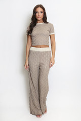 Laser Cut Short Sleeve Top And Wide Leg Trouser Set