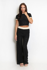 Laser Cut Short Sleeve Top And Wide Leg Trouser Set
