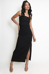 Crepe Side Ruched Bandeau Midi Dress
