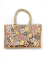 Nude Floral Sequin Jute Mini Tote Bag 