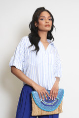 Striped Print Front Pocketed Blouse