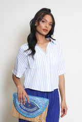 Striped Print Front Pocketed Blouse
