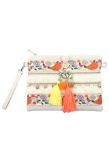 Orange Tassel Embellished Woven Clutch Bag 