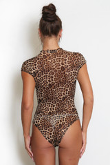 Leopard Print Cap Sleeve Mesh Bodysuit
