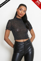 Mock Neck Studded Mesh Top