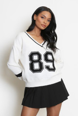 89 Slogan V Neck Jumper