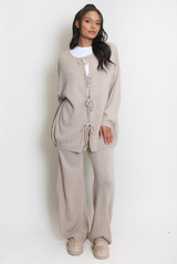 Tie Front Knitted Cardigan And Trouser Set