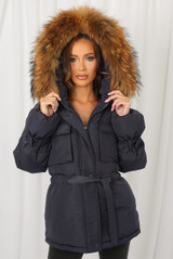 Natural Fur Hood Tie Up Belt Parka Coat
