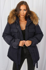 Natural Fur Hood Tie Up Belt Parka Coat