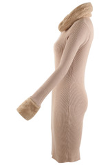 Faux Fur Collar And Cuff Ribbed Knit Dress