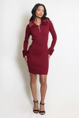 Faux Fur Collar And Cuff Ribbed Knit Dress