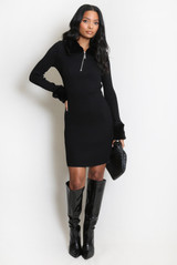 Faux Fur Collar And Cuff Ribbed Knit Dress