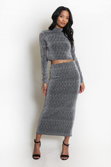 Embellished Mock Neck Crop Top And Midi Skirt