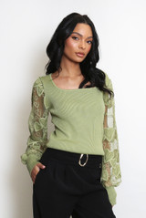 Ribbed Top With Heart Lace Sleeves Ribbed Top With Heart Lace Sleeves
