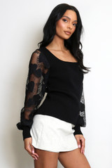 Ribbed Top With Heart Lace Sleeves