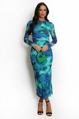 Floral Mesh Ruched Side Midi Dress
