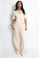 Casual Bow Neck Top And Trouser Set