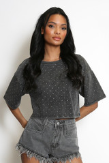 Embellished Acid Wash Cropped T-Shirt