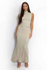 Textured Stretch High Neck Top And Skirt Set