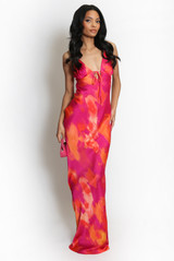 Watercolour Satin Cut Out Back Maxi Dress