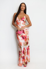 Watercolour Satin Cut Out Back Maxi Dress
