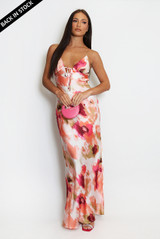 Watercolour Satin Cut Out Back Maxi Dress