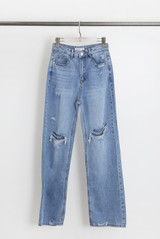 Faded Blue Ripped Wide Leg Long Jeans