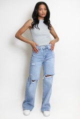 Faded Blue Ripped Wide Leg Long Jeans