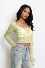 Sheer Lace Top With Tie Cuff