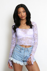 Sheer Lace Top With Tie Cuff
