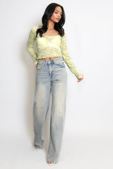 Sheer Lace Top With Tie Cuff