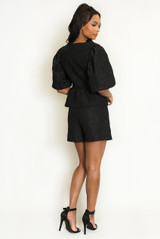 Jacquared Peplum Puff Sleeve Top And Skort Set