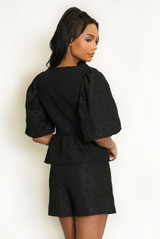Jacquared Peplum Puff Sleeve Top
