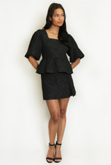 Jacquared Peplum Puff Sleeve Top