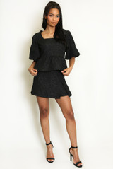 Jacquared Peplum Puff Sleeve Top