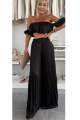 Satin Pleated Palazzo Trouser And Bardot Top Set