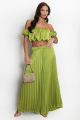 Satin Pleated Palazzo Trouser And Bardot Top Set
